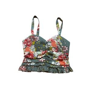 BOG Collective Crop‎ Top Women Green Floral Smocked Ruched Boho SIZE Small
